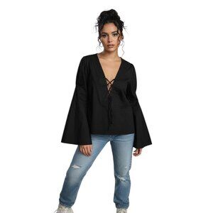 Tommy Hilfiger Lace Up Blouse Black Size L Y2K